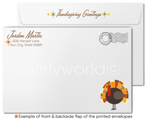 Retro Mid-Century Modern Thanksgiving Card with Abstract Leaves and Atomic Starbursts