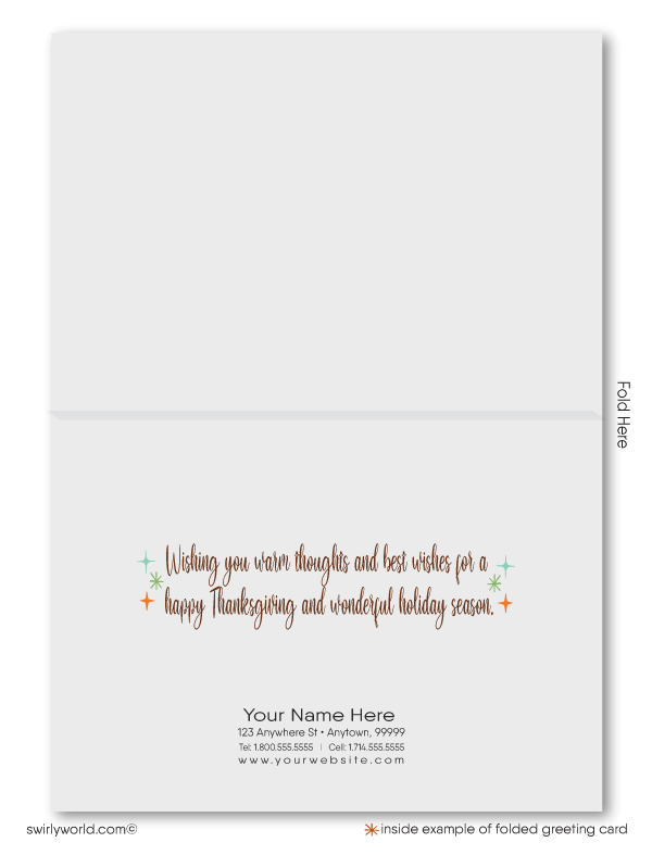 Celebrate Thanksgiving with Swirly World’s captivating watercolor card, featuring pumpkins, gourds, and festive fall foliage. With warm autumn hues and retro calligraphy, this personalized card is perfect for sending to customers, clients, and friends. Strengthen connections with a thoughtful holiday touch.