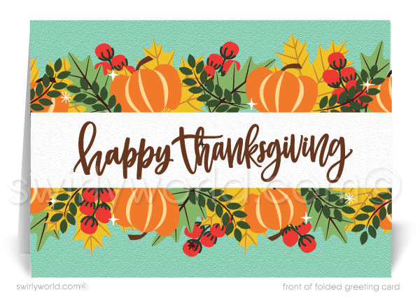 Celebrate Thanksgiving with Swirly World’s captivating watercolor card, featuring pumpkins, gourds, and festive fall foliage. With warm autumn hues and retro calligraphy, this personalized card is perfect for sending to customers, clients, and friends. Strengthen connections with a thoughtful holiday touch.