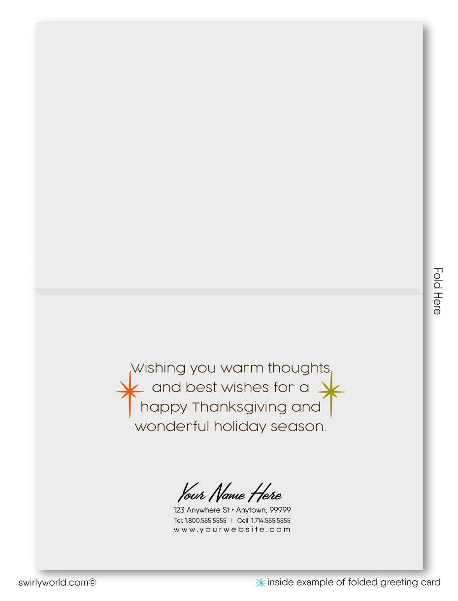 Step back into the 1960s with Swirly World's retro mid-century Thanksgiving cards, featuring MCM autumn leaves and retro typography. Customize your card easily with Corjl. Choose flat or folded options, with custom imprinted envelopes available for a personalized, nostalgic touch.