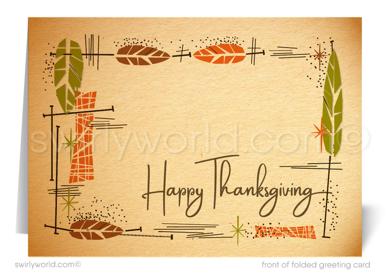 Step back into the 1960s with Swirly World's retro mid-century Thanksgiving cards, featuring MCM autumn leaves and retro typography. Customize your card easily with Corjl. Choose flat or folded options, with custom imprinted envelopes available for a personalized, nostalgic touch.