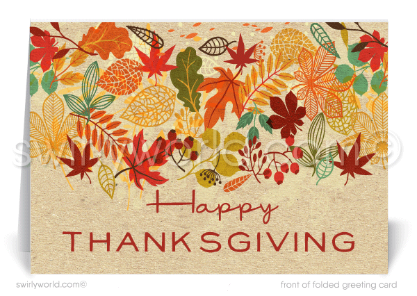 Celebrate Thanksgiving with Swirly World’s Retro Modern card, inspired by 1960s design. Featuring abstract autumn leaves in vibrant fall colors, this unique card blends nostalgia with the Thanksgiving spirit. Personalize your message and envelopes to create lasting connections this holiday season.