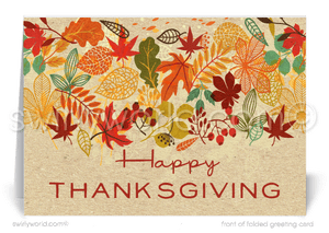 Celebrate Thanksgiving with Swirly World’s Retro Modern card, inspired by 1960s design. Featuring abstract autumn leaves in vibrant fall colors, this unique card blends nostalgia with the Thanksgiving spirit. Personalize your message and envelopes to create lasting connections this holiday season.