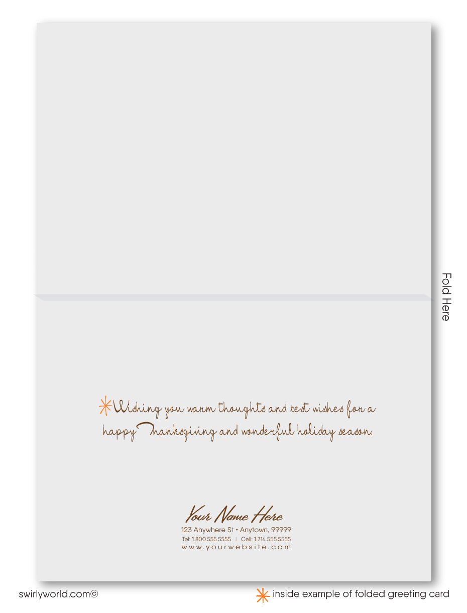  Celebrate gratitude with Swirly World's exquisite Happy Thanksgiving cards, perfect for businesses! Featuring a retro mid-century design and customizable via Corjl, these cards are printed on premium cardstock and available in flat or folded styles. Optional custom envelopes make each message unforgettable.