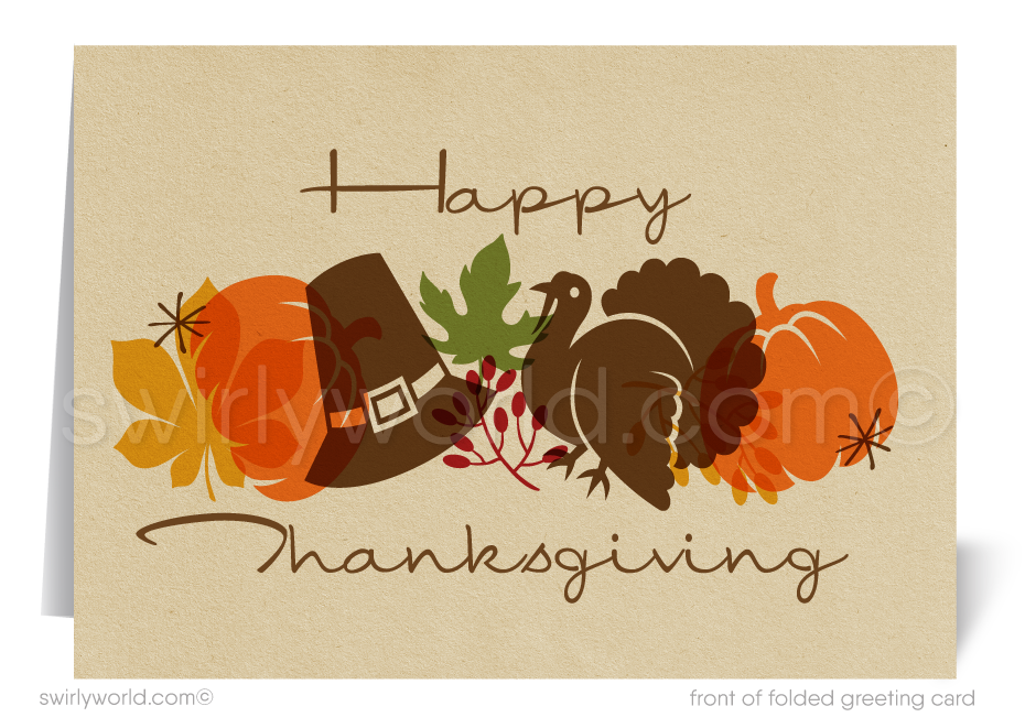  Celebrate gratitude with Swirly World's exquisite Happy Thanksgiving cards, perfect for businesses! Featuring a retro mid-century design and customizable via Corjl, these cards are printed on premium cardstock and available in flat or folded styles. Optional custom envelopes make each message unforgettable.