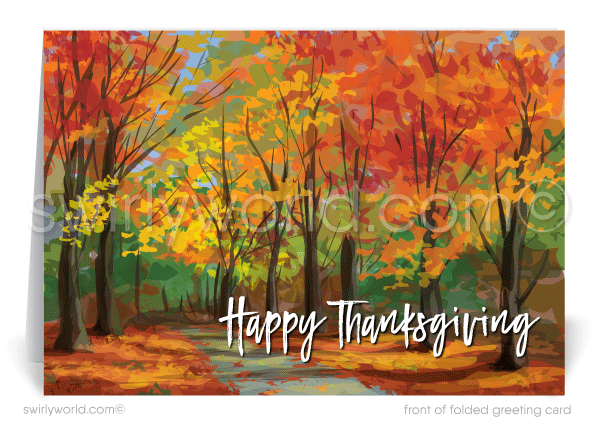 Celebrate autumn with Swirly World's captivating watercolor-style Thanksgiving card, featuring vibrant fall trees in rich shades of orange, yellow, and green. Crafted on premium cardstock, choose flat or folded options, with custom imprinted envelopes available for a personalized touch.