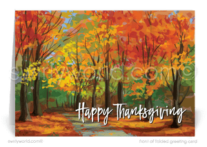 Celebrate autumn with Swirly World's captivating watercolor-style Thanksgiving card, featuring vibrant fall trees in rich shades of orange, yellow, and green. Crafted on premium cardstock, choose flat or folded options, with custom imprinted envelopes available for a personalized touch.