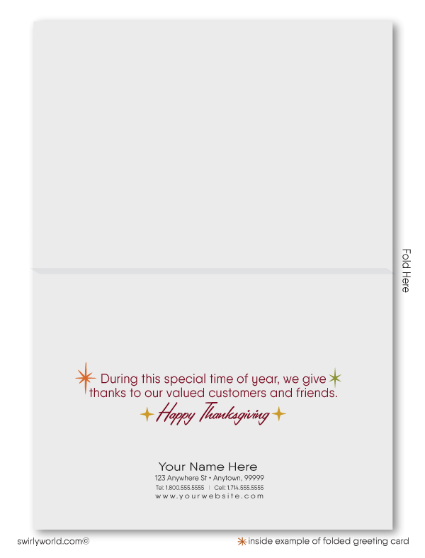 Celebrate Thanksgiving with Swirly World's Retro Modern Style card, inspired by 1950s-1960s design. Printed on premium cardstock, it captures the elegance of mid-century aesthetics. Choose flat or folded cards, with custom imprinted envelopes available for a personalized, timeless touch.