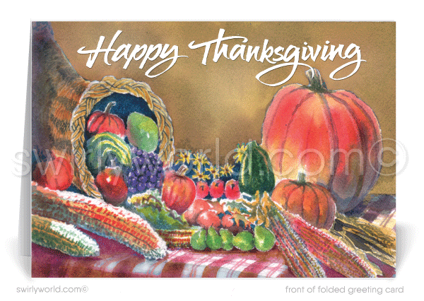 Swirly World Thanksgiving Cards - Celebrate autumn with our watercolor-style Thanksgiving cards, featuring a beautiful cornucopia arrangement. Perfect for businesses, these premium cards are customizable with your message and logo, making them an elegant way to express gratitude to valued clients and customers.