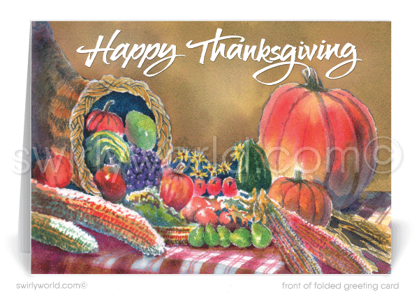 Traditional Watercolor Cornucopia Professional Happy Thanksgiving Cards for Customers