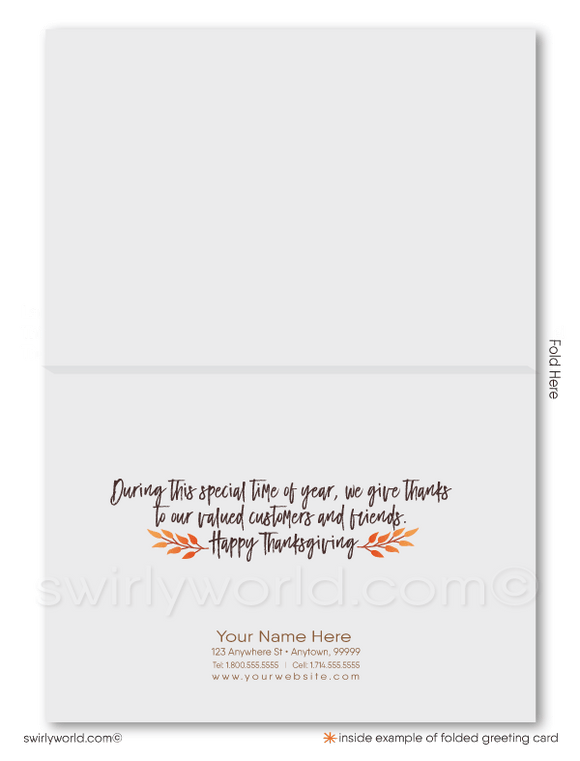 Mid-century retro modern leaves fall foliage autumn happy Thanksgiving cards for business customers.