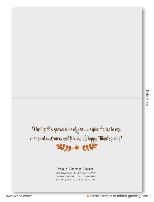 Swirly World Thanksgiving Cards - Celebrate gratitude with our rustic Happy Thanksgiving cards for businesses, designed to express appreciation with timeless fall imagery. Featuring customizable messages, vibrant autumn leaves, and a wood-style backdrop, these cards are crafted on premium cardstock for a lasting impression.