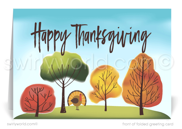 Elevate your Thanksgiving greetings with a retro modern card featuring an abstract landscape of geometric trees in vibrant fall hues. Personalize the message and envelopes for a unique touch. Crafted on premium card stock, this distinctive card makes a lasting impression, perfect for strengthening business relationships.