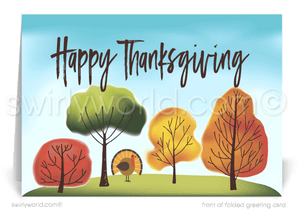 Elevate your Thanksgiving greetings with a retro modern card featuring an abstract landscape of geometric trees in vibrant fall hues. Personalize the message and envelopes for a unique touch. Crafted on premium card stock, this distinctive card makes a lasting impression, perfect for strengthening business relationships.