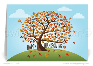 Celebrate Fall with a whimsical Thanksgiving card featuring a stunning display of vibrant autumn leaves in shades of orange, rust, yellow, and green. Crafted on premium card stock, this customizable card is perfect for leaving a lasting impression. Personalize your message and envelopes for a unique touch.