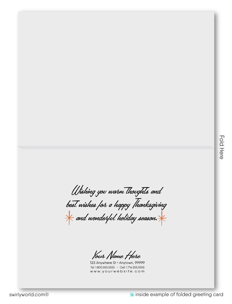 Elevate your Thanksgiving greetings with Swirly World! Our retro mid-century modern style greeting card features a 1960s mod abstract tree design in warm autumn hues. Available in flat or folded styles with optional custom imprinted envelopes. Perfect for businesses, clients, and friends.