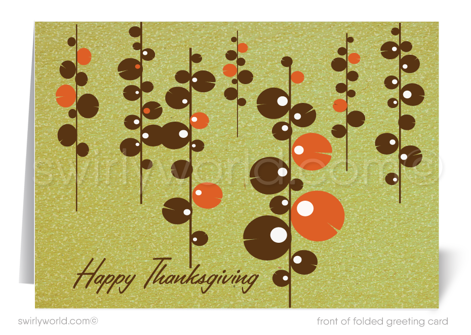Elevate your Thanksgiving greetings with Swirly World! Our retro mid-century modern style greeting card features a 1960s mod abstract tree design in warm autumn hues. Available in flat or folded styles with optional custom imprinted envelopes. Perfect for businesses, clients, and friends.