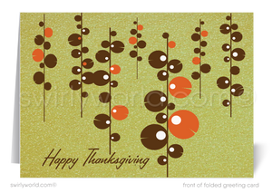 Elevate your Thanksgiving greetings with Swirly World! Our retro mid-century modern style greeting card features a 1960s mod abstract tree design in warm autumn hues. Available in flat or folded styles with optional custom imprinted envelopes. Perfect for businesses, clients, and friends.