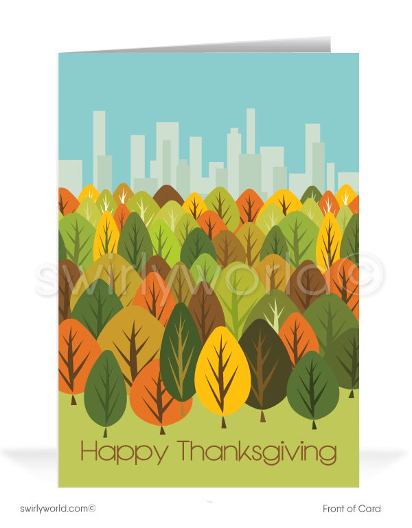 Retro modern Fall Autumn season business marketing for professional Realtors Happy Thanksgiving Greeting Cards 