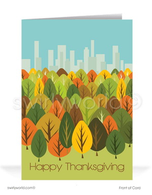 Retro modern Fall Autumn season business marketing for professional Realtors Happy Thanksgiving Greeting Cards 