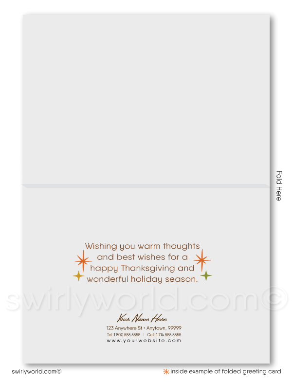 Elevate your Thanksgiving greetings with Swirly World's retro mid-century modern card, featuring geometric trees in vibrant fall hues. Customize your message effortlessly with Corjl, and enjoy premium cardstock options in flat or folded styles. Personalize with custom imprinted envelopes for a lasting impression.