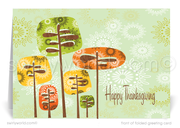 Elevate your Thanksgiving greetings with Swirly World's retro mid-century modern card, featuring geometric trees in vibrant fall hues. Customize your message effortlessly with Corjl, and enjoy premium cardstock options in flat or folded styles. Personalize with custom imprinted envelopes for a lasting impression.