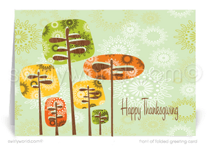 Elevate your Thanksgiving greetings with Swirly World's retro mid-century modern card, featuring geometric trees in vibrant fall hues. Customize your message effortlessly with Corjl, and enjoy premium cardstock options in flat or folded styles. Personalize with custom imprinted envelopes for a lasting impression.