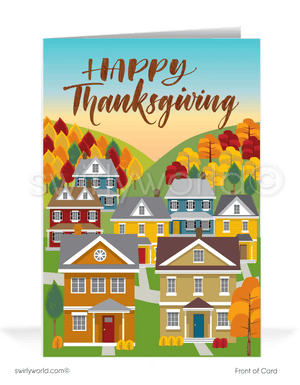 Retro modern Fall Autumn season business marketing for professional Realtors Happy Thanksgiving Greeting Cards 