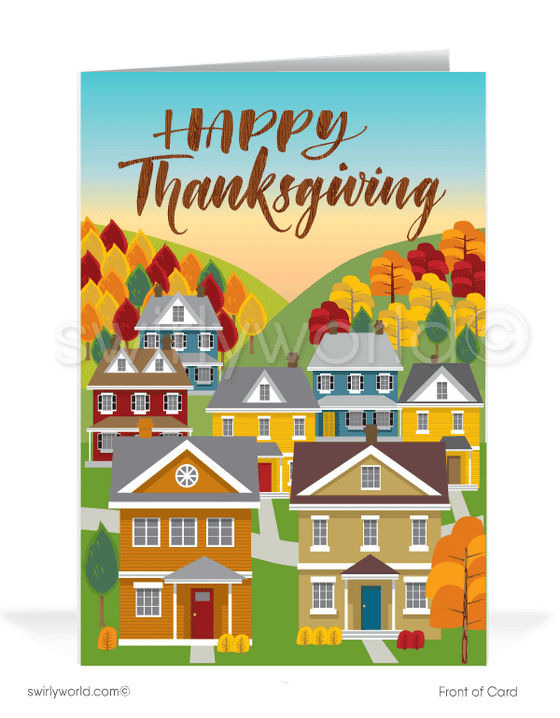 Retro modern Fall Autumn season business marketing for professional Realtors Happy Thanksgiving Greeting Cards 