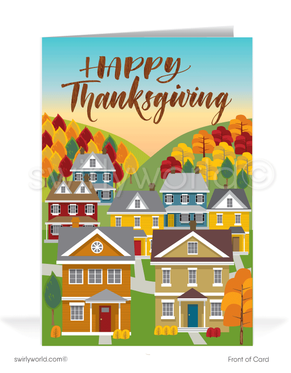 Retro modern Fall Autumn season business marketing for professional Realtors Happy Thanksgiving Greeting Cards 