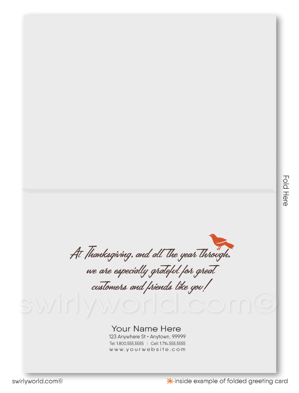 Celebrate gratitude with Swirly World’s enchanting Thanksgiving card for businesses, featuring golden autumn leaves, mid-century trees, and a friendly red bird. Customizable with your message and logo, this card is perfect for client appreciation. Crafted on premium card stock for a memorable touch this season.