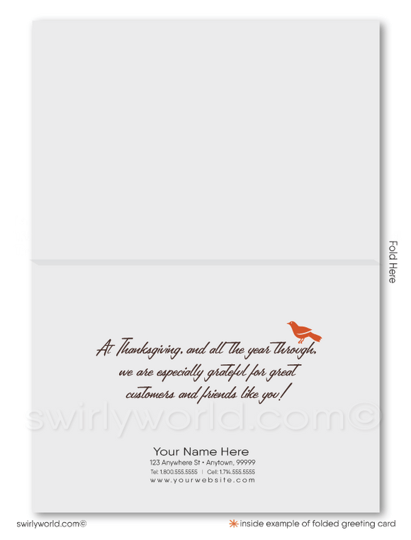 Mid-century retro modern rustic bird fall foliage autumn happy Thanksgiving cards for business customers.