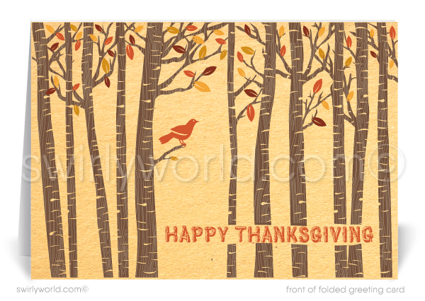 Celebrate gratitude with Swirly World’s enchanting Thanksgiving card for businesses, featuring golden autumn leaves, mid-century trees, and a friendly red bird. Customizable with your message and logo, this card is perfect for client appreciation. Crafted on premium card stock for a memorable touch this season.
