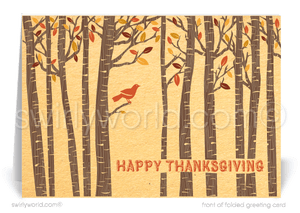Celebrate gratitude with Swirly World’s enchanting Thanksgiving card for businesses, featuring golden autumn leaves, mid-century trees, and a friendly red bird. Customizable with your message and logo, this card is perfect for client appreciation. Crafted on premium card stock for a memorable touch this season.