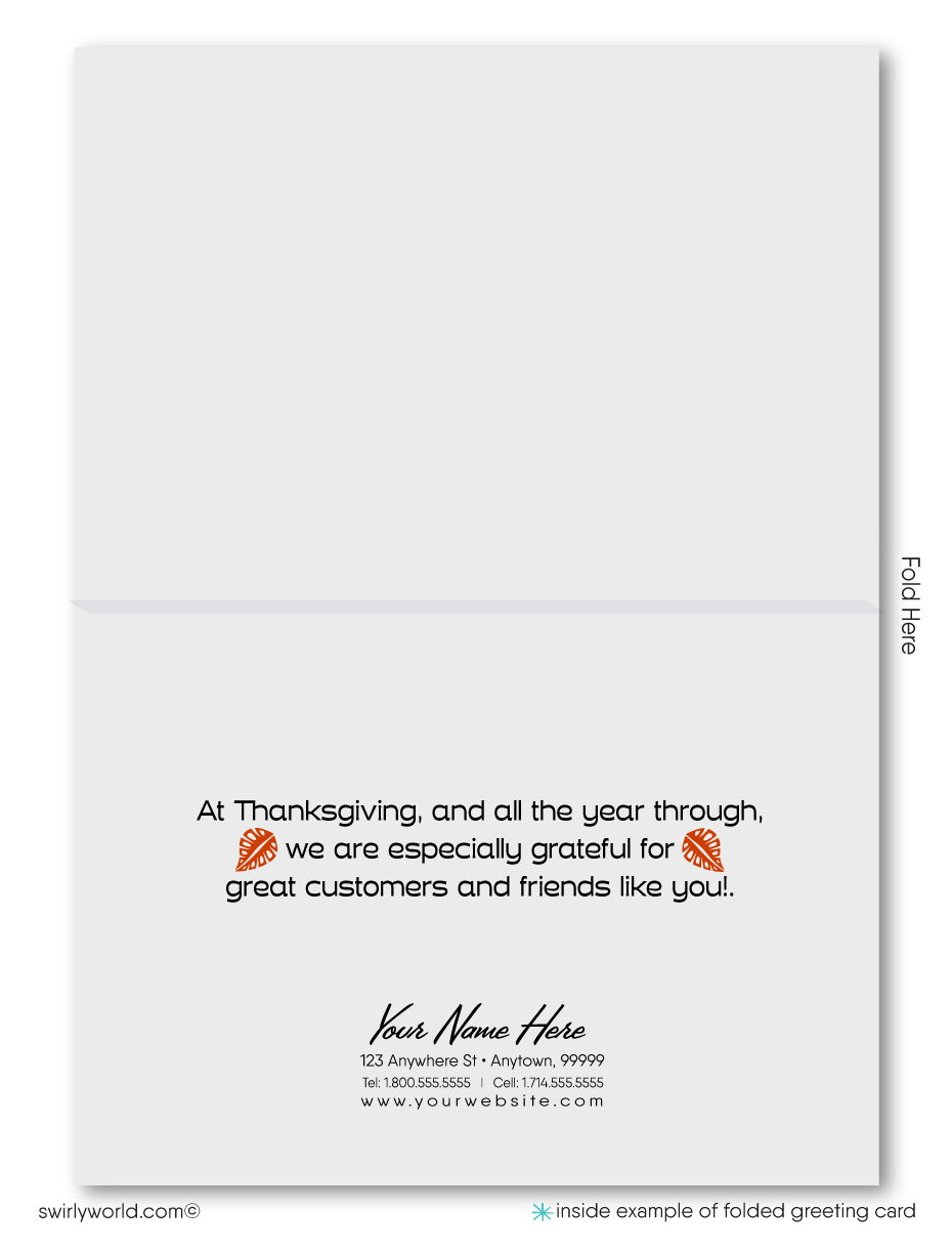 Celebrate Thanksgiving with Swirly World's retro atomic mid-century style greeting card, featuring vibrant fall leaves and a whimsical red robin. Crafted on premium cardstock, choose flat or folded options. Add custom imprinted envelopes for a personalized touch and make a lasting impression this fall!