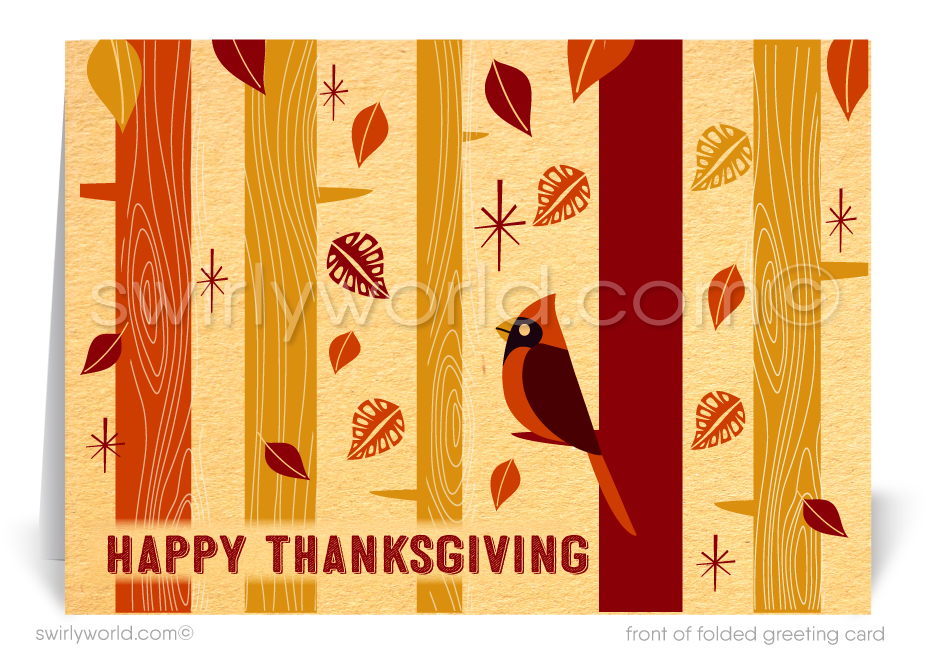 Celebrate Thanksgiving with Swirly World's retro atomic mid-century style greeting card, featuring vibrant fall leaves and a whimsical red robin. Crafted on premium cardstock, choose flat or folded options. Add custom imprinted envelopes for a personalized touch and make a lasting impression this fall!