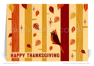 Celebrate Thanksgiving with Swirly World's retro atomic mid-century style greeting card, featuring vibrant fall leaves and a whimsical red robin. Crafted on premium cardstock, choose flat or folded options. Add custom imprinted envelopes for a personalized touch and make a lasting impression this fall!