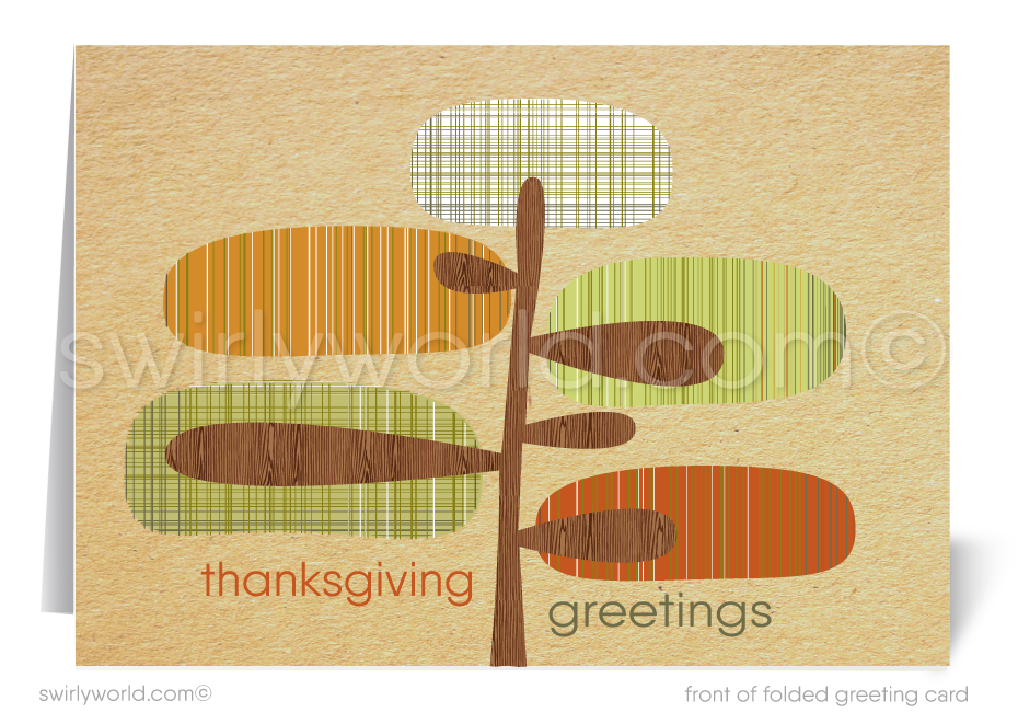 Elevate your Thanksgiving greetings with Swirly World’s retro mid-century modern card! Featuring an abstract geometric tree in vibrant fall hues, this card is customizable via Corjl. Printed on premium cardstock, available in flat or folded styles, with optional custom envelopes for a personal touch.