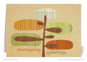 Elevate your Thanksgiving greetings with Swirly World’s retro mid-century modern card! Featuring an abstract geometric tree in vibrant fall hues, this card is customizable via Corjl. Printed on premium cardstock, available in flat or folded styles, with optional custom envelopes for a personal touch.