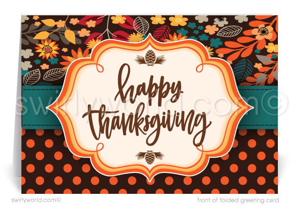 Celebrate Thanksgiving with Swirly World’s Retro Modern card, inspired by 1960s design trends. Featuring a charming leaf pattern and elegant "Happy Thanksgiving" calligraphy, this nostalgic card can be personalized to fit your needs. Strengthen business connections with this unique and timeless greeting.
