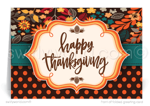 Celebrate Thanksgiving with Swirly World’s Retro Modern card, inspired by 1960s design trends. Featuring a charming leaf pattern and elegant "Happy Thanksgiving" calligraphy, this nostalgic card can be personalized to fit your needs. Strengthen business connections with this unique and timeless greeting.
