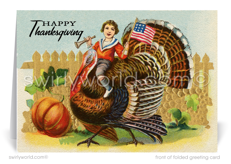 Step into the 1920s-30s with our vintage Art Deco Thanksgiving cards! Featuring a charming scene of a child waving an American flag while riding a turkey through a pumpkin patch, these meticulously crafted cards offer a perfect blend of nostalgia and sophistication. Available in flat or folded styles with custom envelope options.Cards