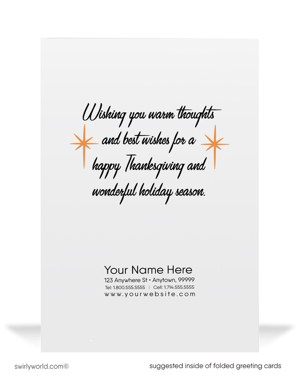 Celebrate Thanksgiving with Swirly World's vintage-inspired cards! Featuring a cute kitten peeking out of a pumpkin, these retro mid-century designs capture the holiday's nostalgic charm. Available as single-panel flatcards or folded cards, with optional custom imprinted envelopes for a personal touch.
