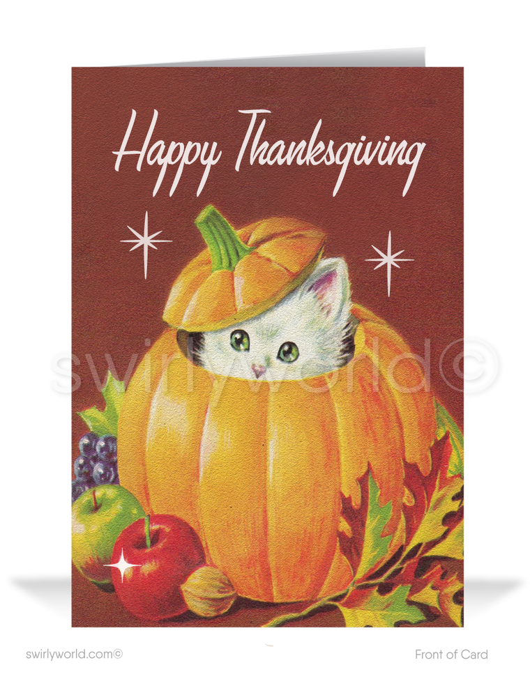 Celebrate Thanksgiving with Swirly World's vintage-inspired cards! Featuring a cute kitten peeking out of a pumpkin, these retro mid-century designs capture the holiday's nostalgic charm. Available as single-panel flatcards or folded cards, with optional custom imprinted envelopes for a personal touch.