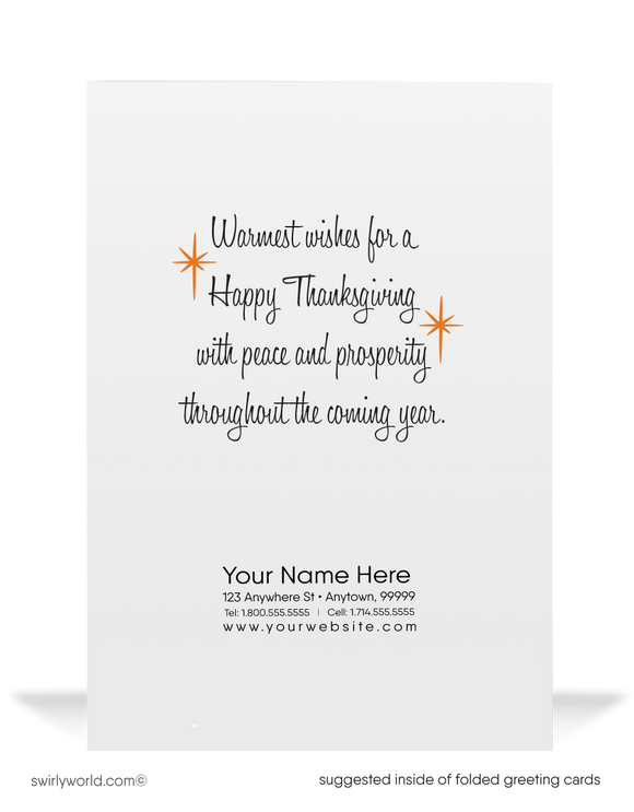 Celebrate Thanksgiving with Swirly World’s exclusive vintage greeting cards! Featuring charming retro children dressed as a pilgrim and an Indian preparing for dinner, with nostalgic typography. Printed on premium cardstock, these cards come with matching envelopes and personalized options for a lasting impression.