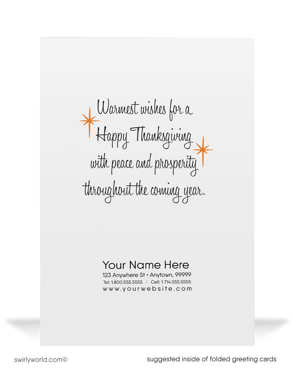 Seeking vintage Thanksgiving cards for clients and customers? Explore our Retro 1950's-style cards, perfect for Fall. Embrace Mid-century modern vintage with Happy Thanksgiving greetings. Order your printed Retro Thanksgiving cards today!