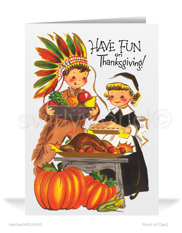 Celebrate Thanksgiving with Swirly World’s exclusive vintage greeting cards! Featuring charming retro children dressed as a pilgrim and an Indian preparing for dinner, with nostalgic typography. Printed on premium cardstock, these cards come with matching envelopes and personalized options for a lasting impression.