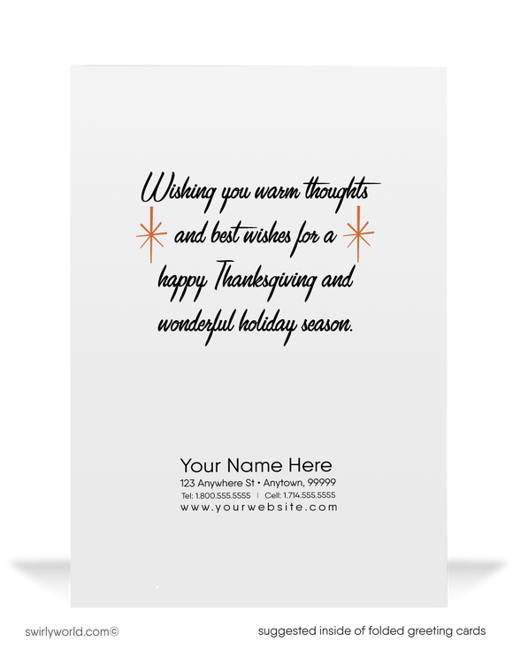 Swirly World brings you nostalgic 1950s-1960s Thanksgiving cards! Featuring a charming pilgrim couple in prayer before a bountiful feast, this design is crafted on premium thick cardstock for a lasting impression. Available as flatcards or folded cards with optional custom imprinted envelopes.