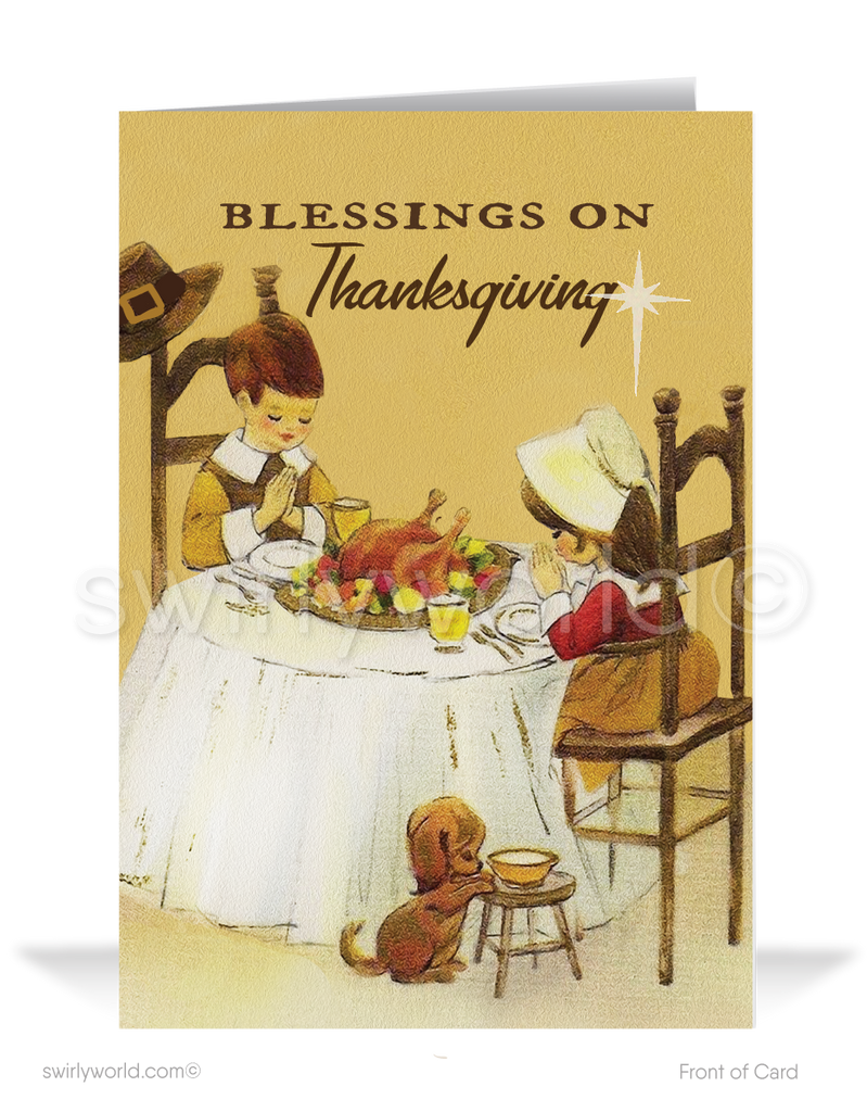 Swirly World brings you nostalgic 1950s-1960s Thanksgiving cards! Featuring a charming pilgrim couple in prayer before a bountiful feast, this design is crafted on premium thick cardstock for a lasting impression. Available as flatcards or folded cards with optional custom imprinted envelopes.
