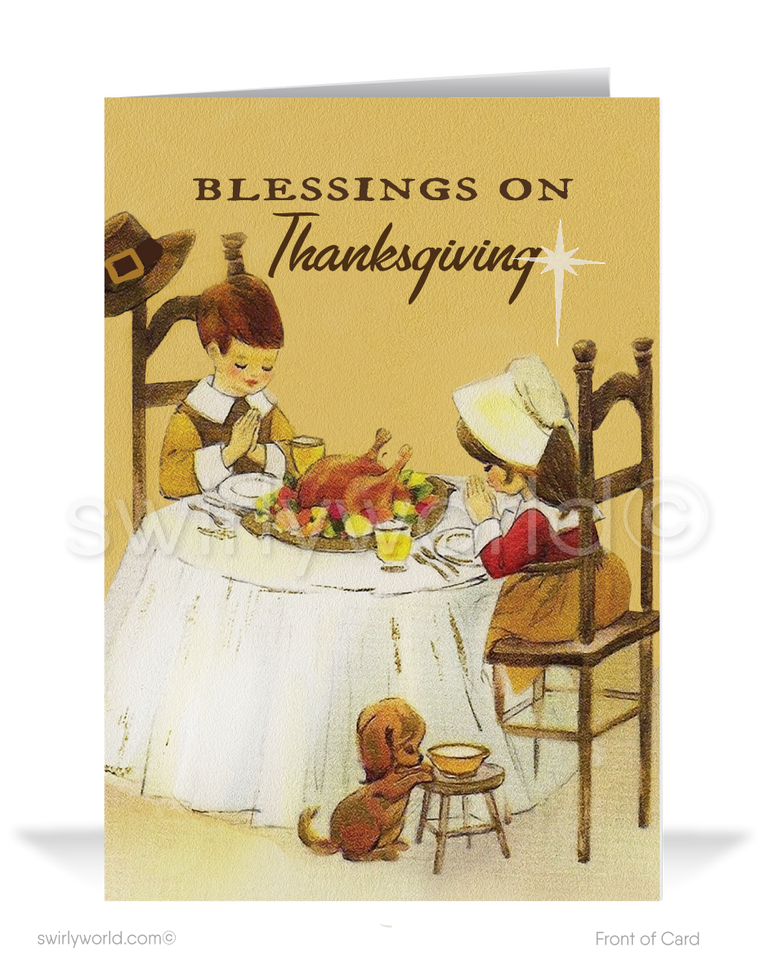Swirly World brings you nostalgic 1950s-1960s Thanksgiving cards! Featuring a charming pilgrim couple in prayer before a bountiful feast, this design is crafted on premium thick cardstock for a lasting impression. Available as flatcards or folded cards with optional custom imprinted envelopes.
